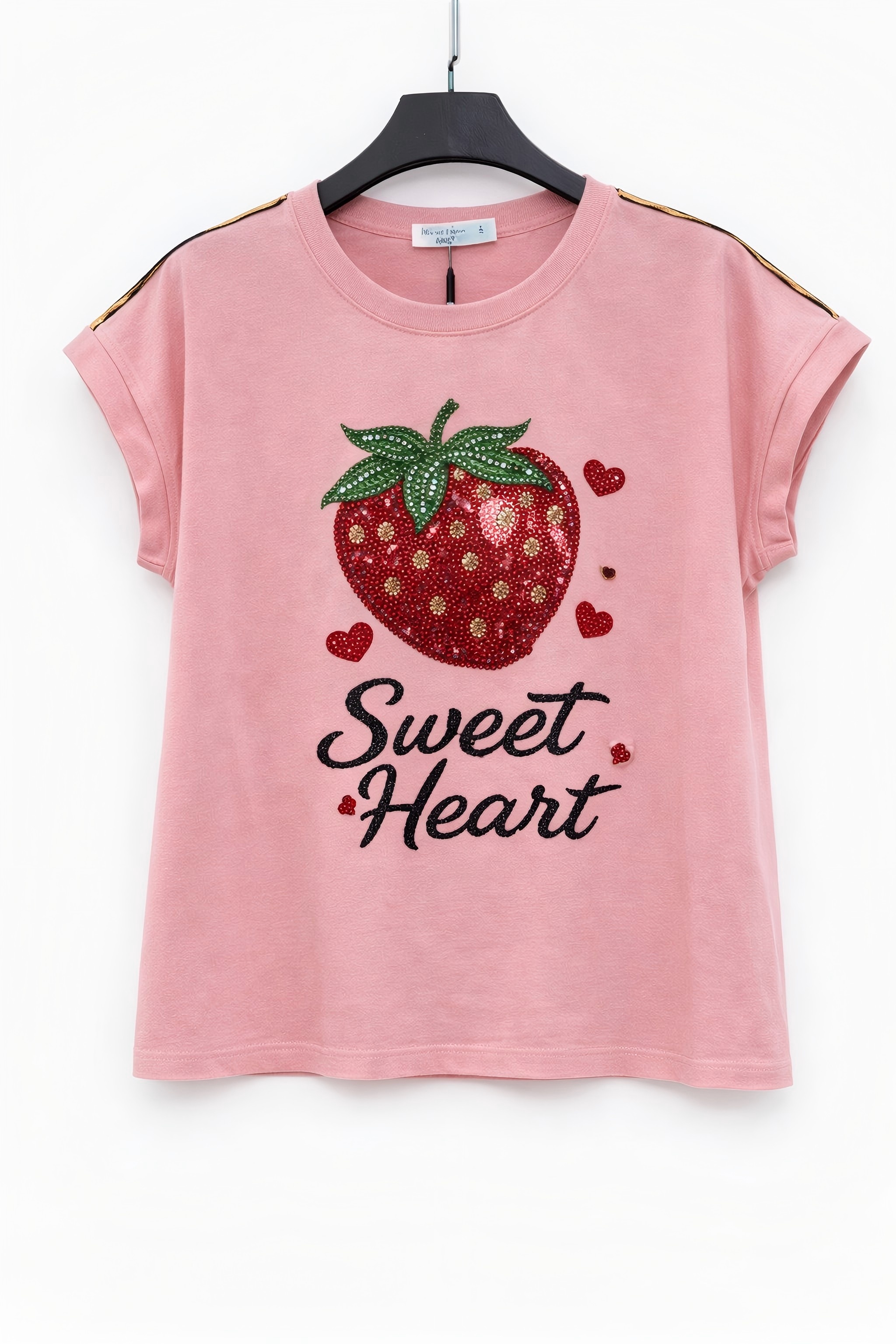 Hot Selling Women Pink Strawberry Beaded T-Shirt Sweet Heart Casual Luxury Tee