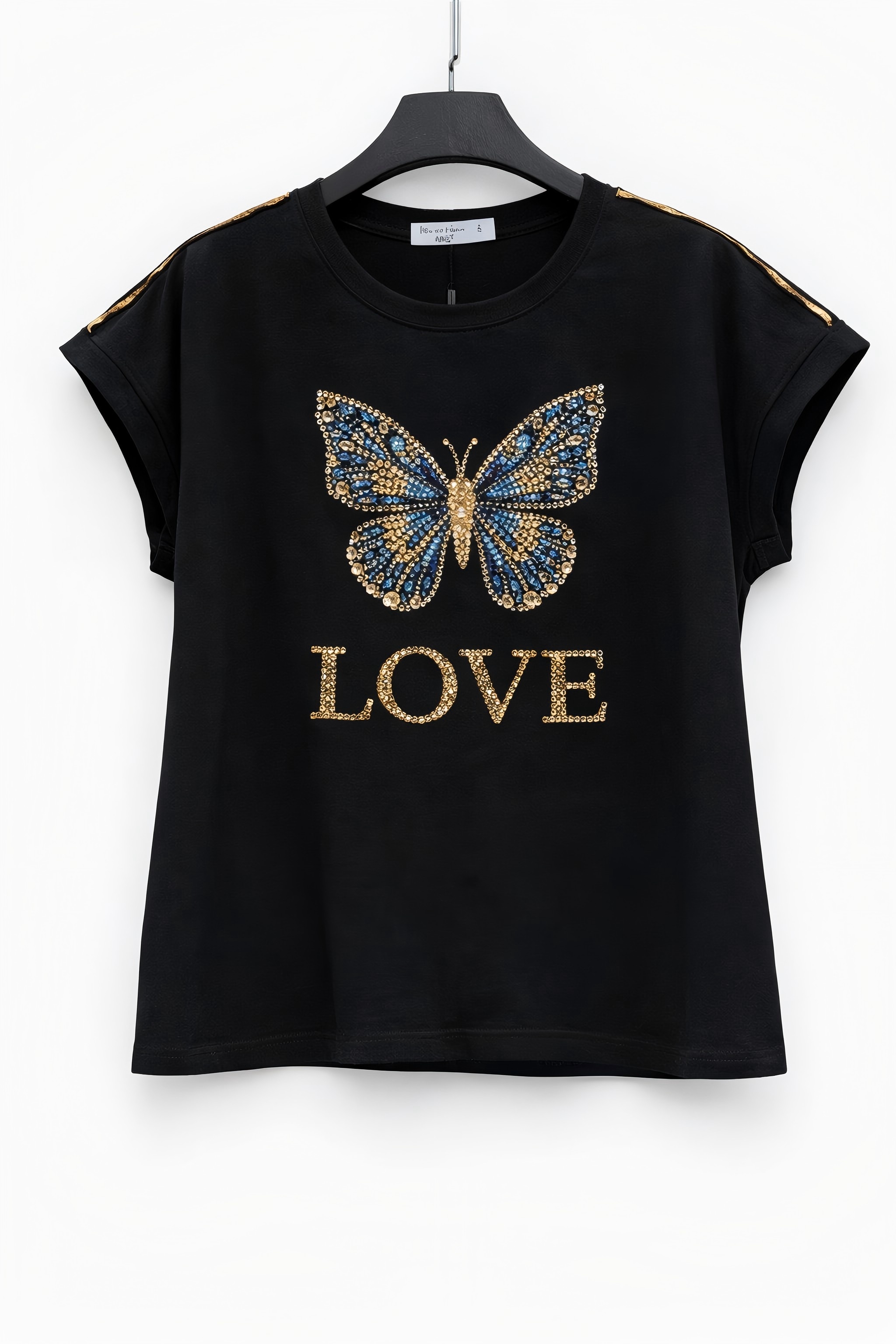 OEM Custom Women's Black Butterfly Rhinestone Beaded T-Shirt Wholesale | Private Label Clothing Manufacturer