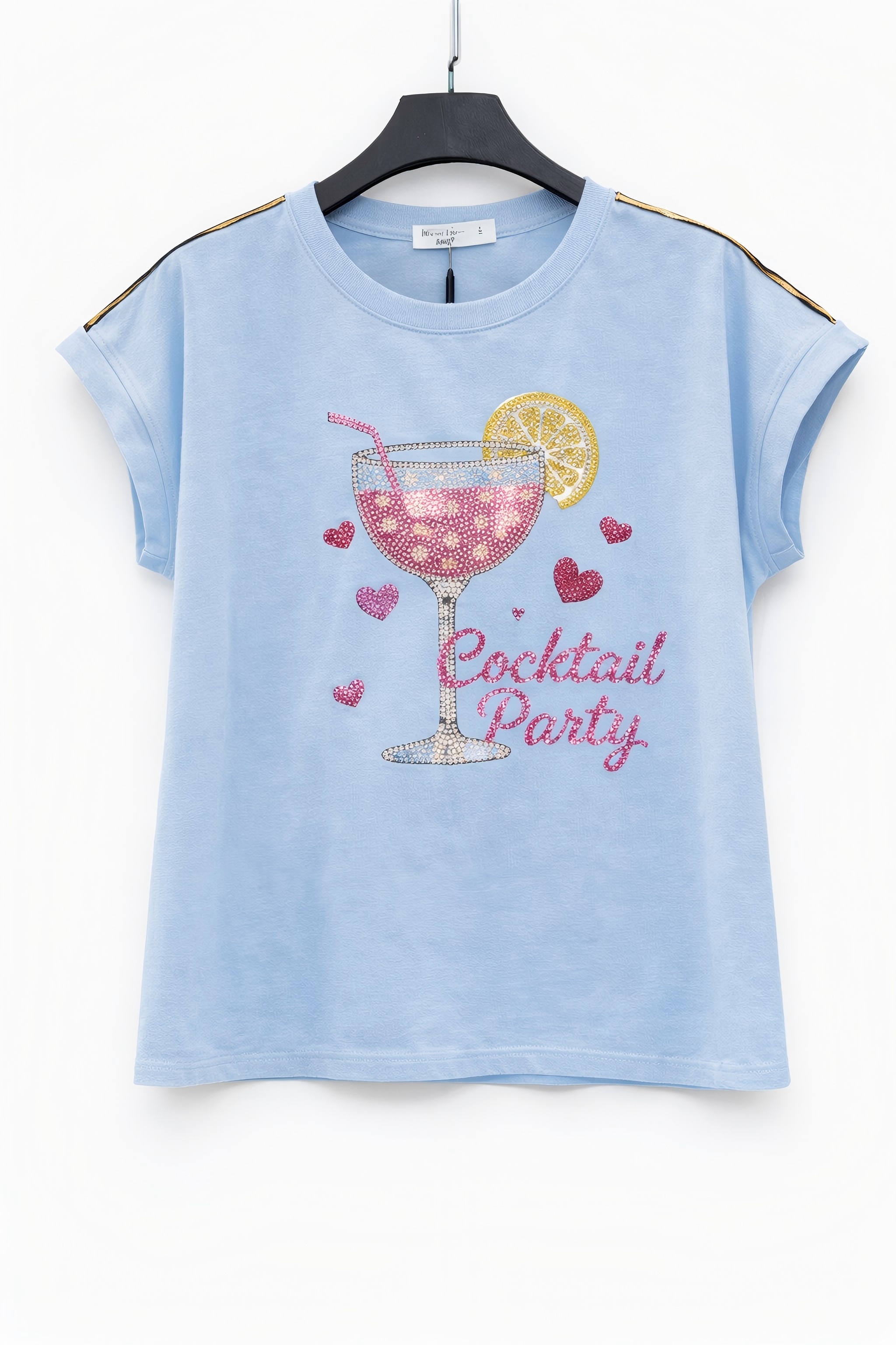 Hot Selling Women Blue Cocktail Party Beaded T-Shirt Rhinestone Summer Casual Luxury Tee