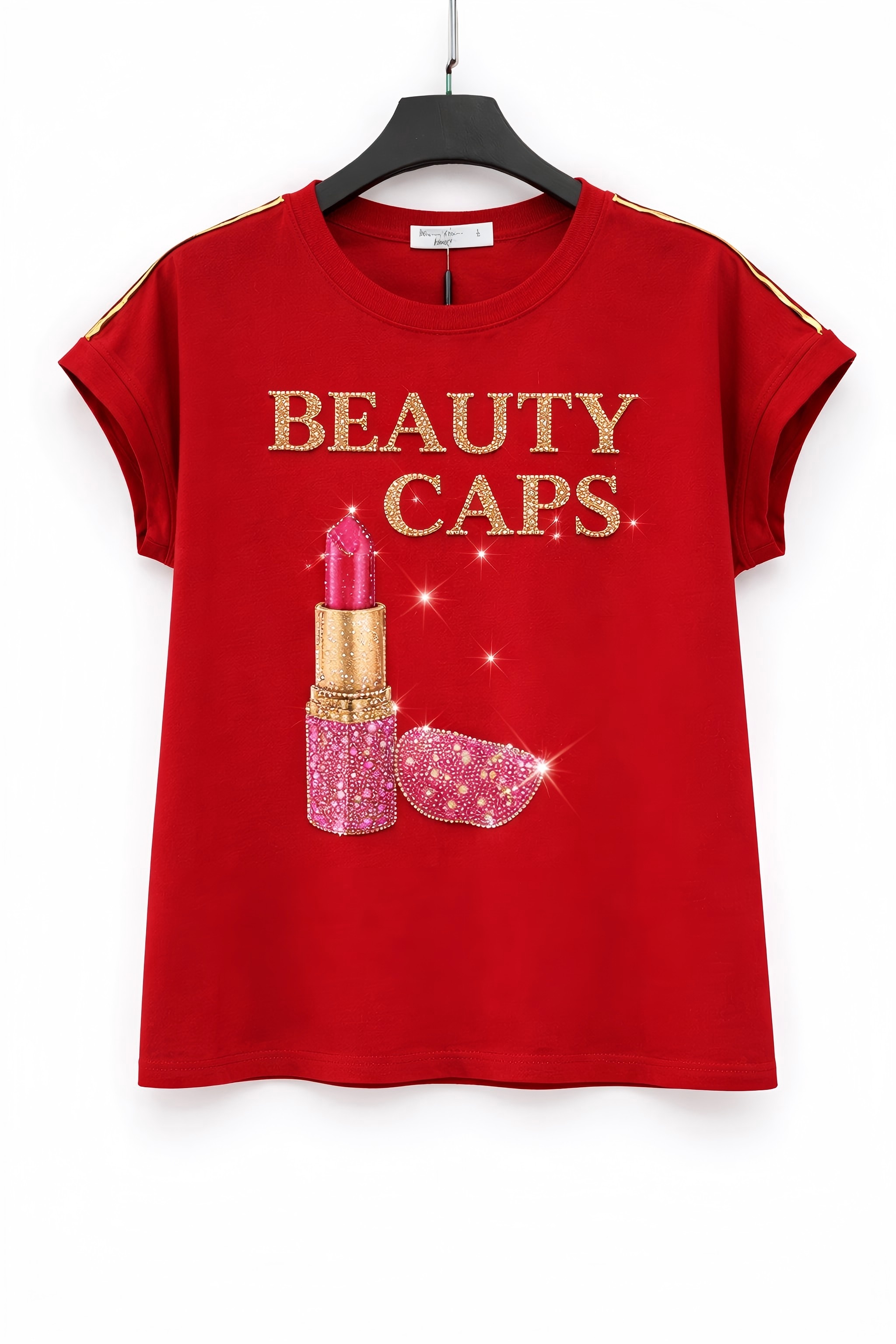 Red Beauty Caps Lipstick Rhinestone Print T-Shirt Women Fashion Statement Tee