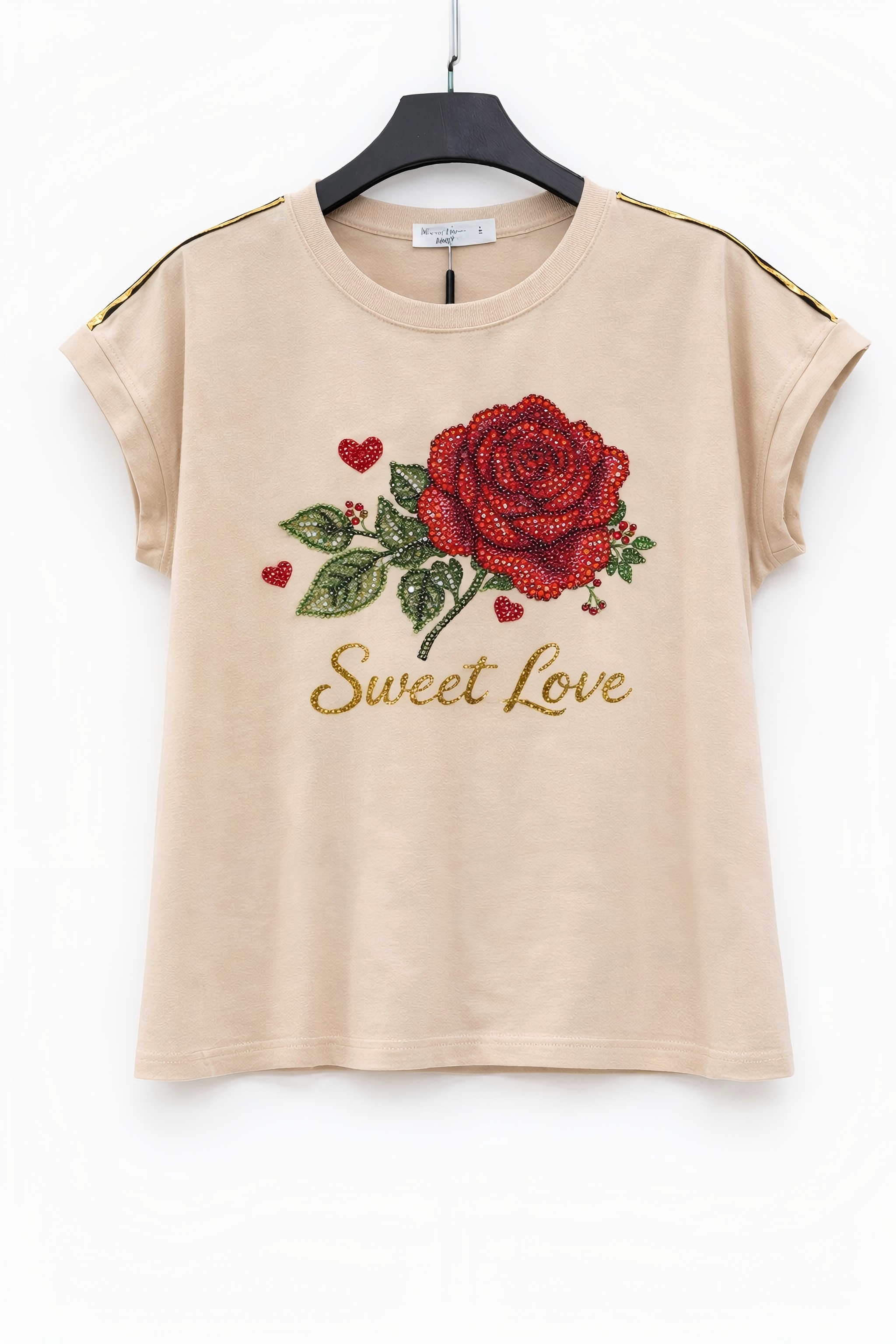 Women's Premium Beige Rose Rhinestone Beaded T-Shirt Casual Chic Floral Tee