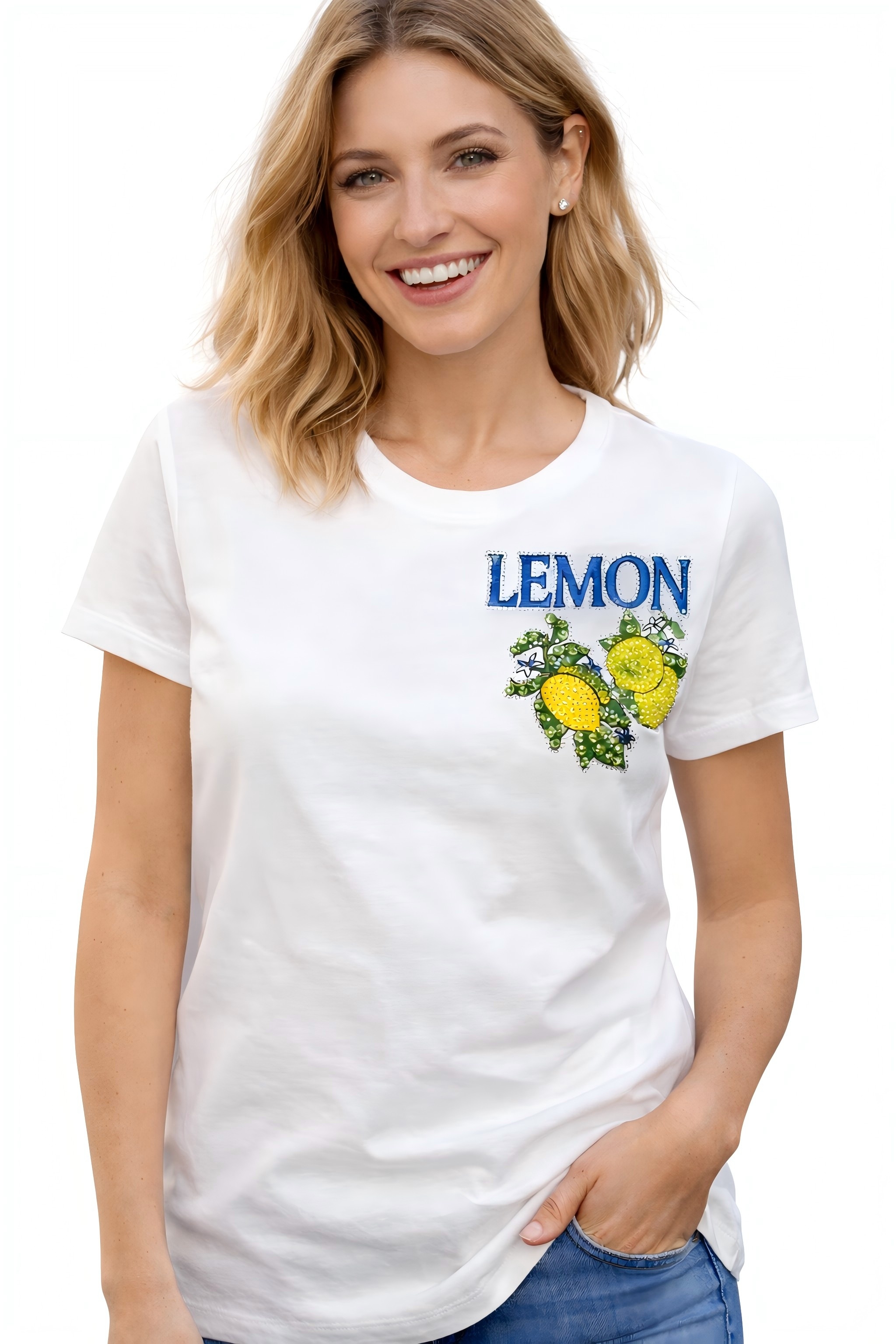 Women’s Lemon Graphic Hand-Beaded T-Shirt – Summer Cotton Spandex Heavy Craft Tee