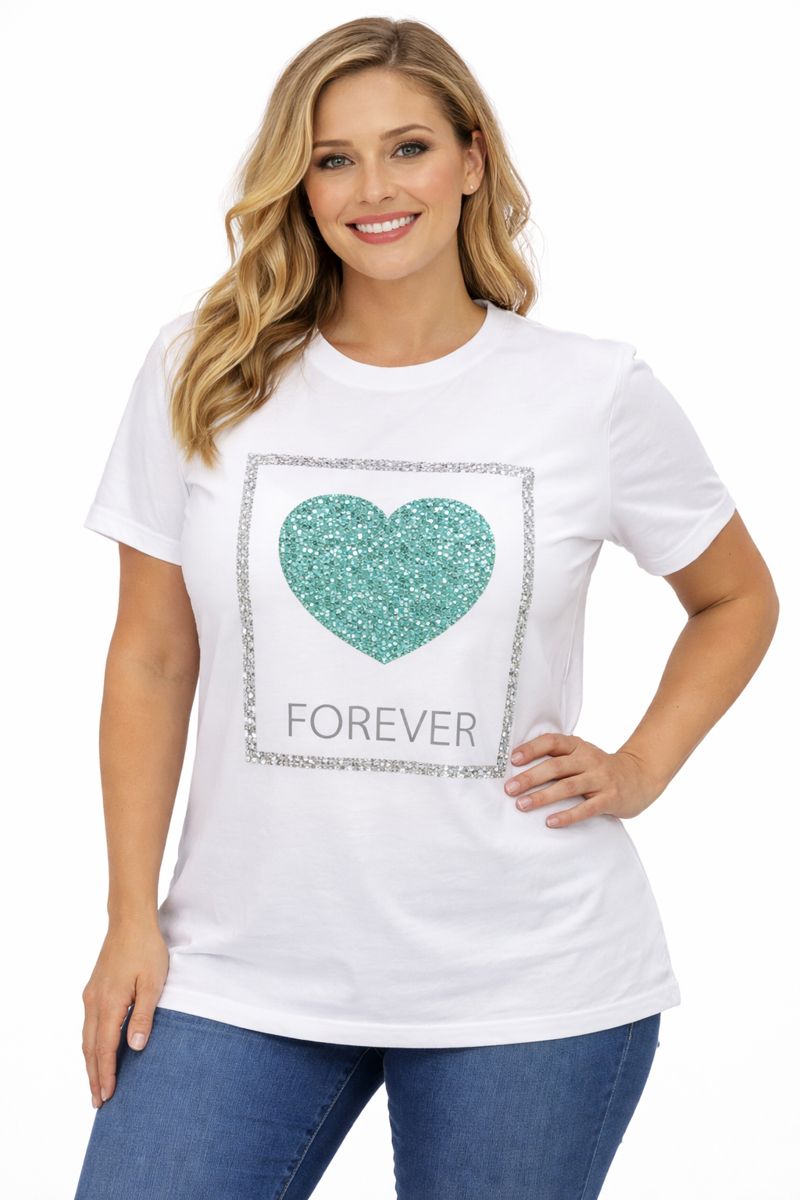 White Cotton FOREVER T-Shirt with Green Rhinestone Heart – Women’s Romantic Casual Top