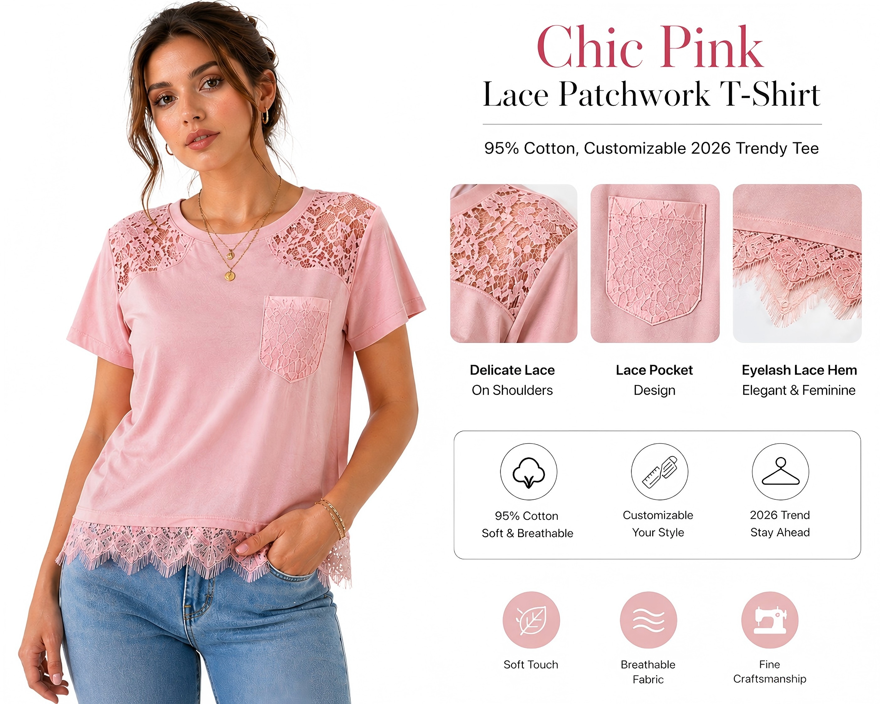Chic Pink Lace Patchwork T-Shirt – 95% Cotton, Customizable 2026 Trendy Tee