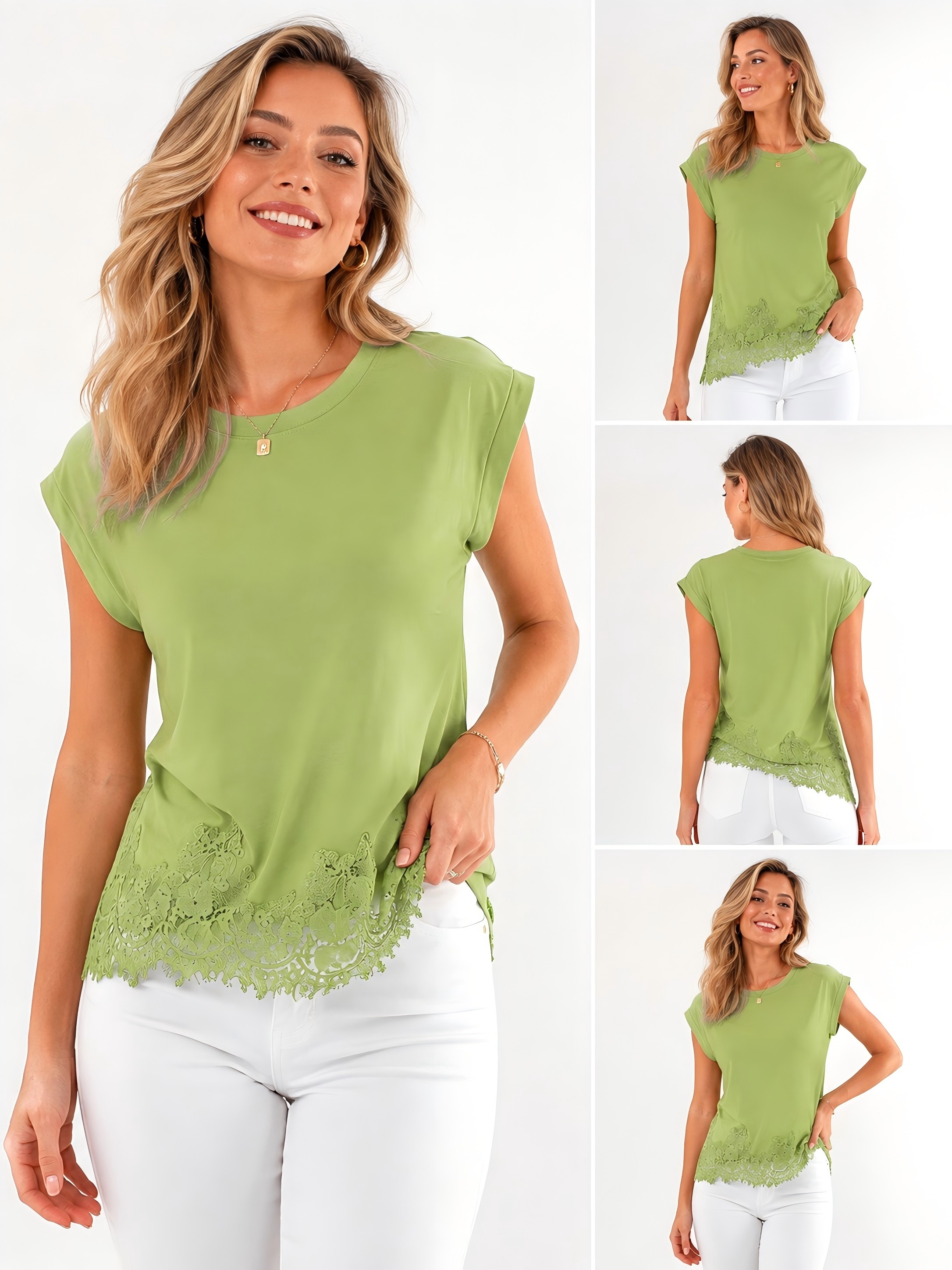 Women's Lace Hem Sleeveless Round Neck Casual T-Shirt Elegant Summer Top