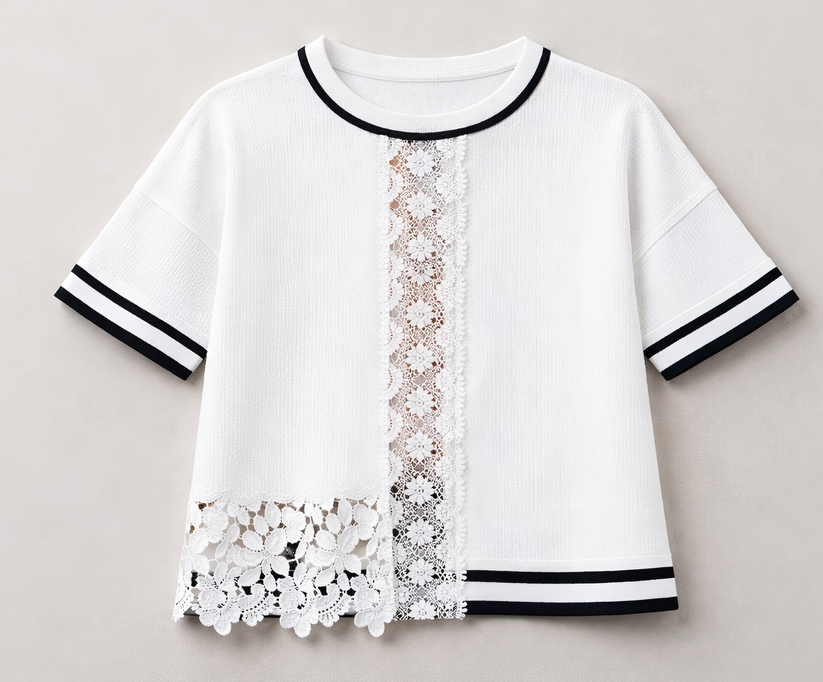 Women White Lace Patchwork Short Sleeve T-Shirt Casual Round Neck Loose Fit Summer Top
