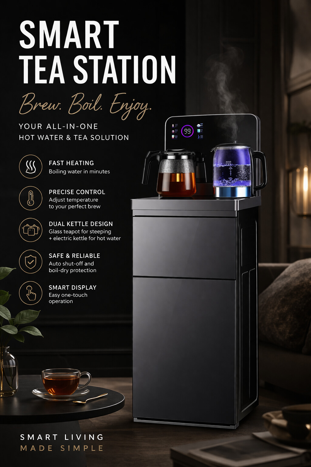 Smart Auto Clean Hot and cold compressor cooling water dispenser with Dual Kettle System