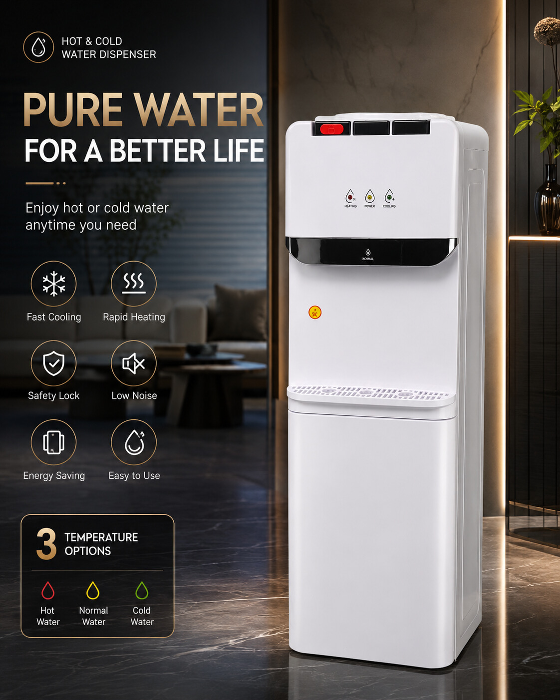 Modern Family Size Hot and cold compressor cooling water dispenser for Kitchen and Office