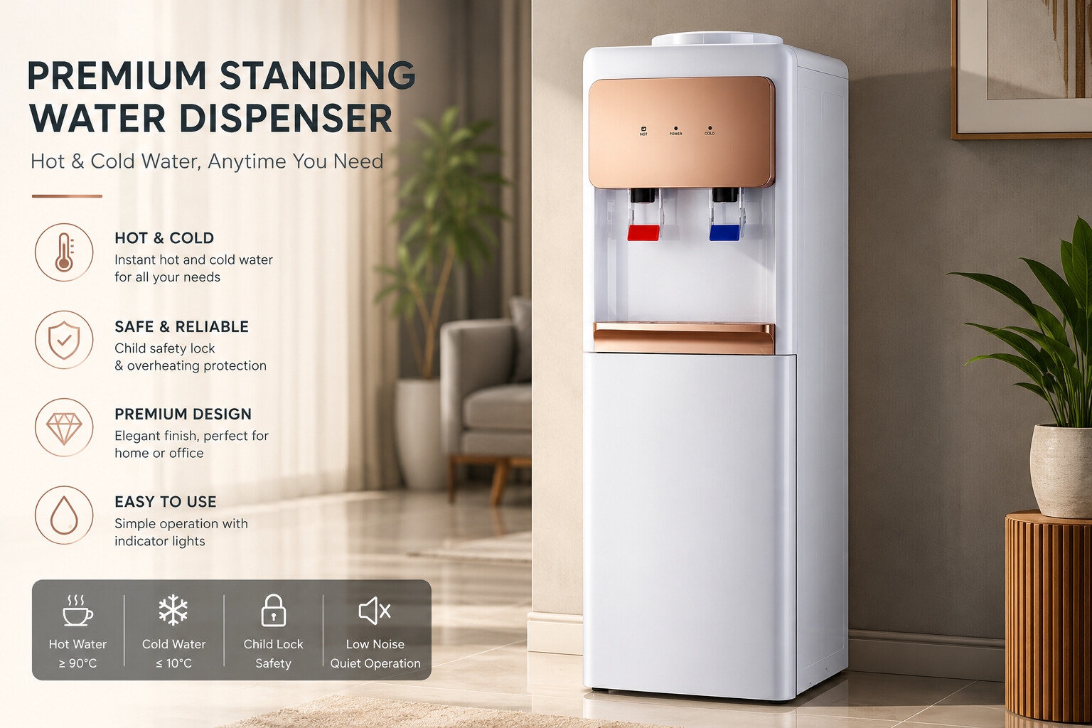 Energy Saving Hotel Hot and Cold Compressor Cooling Water Dispenser with Modern Design