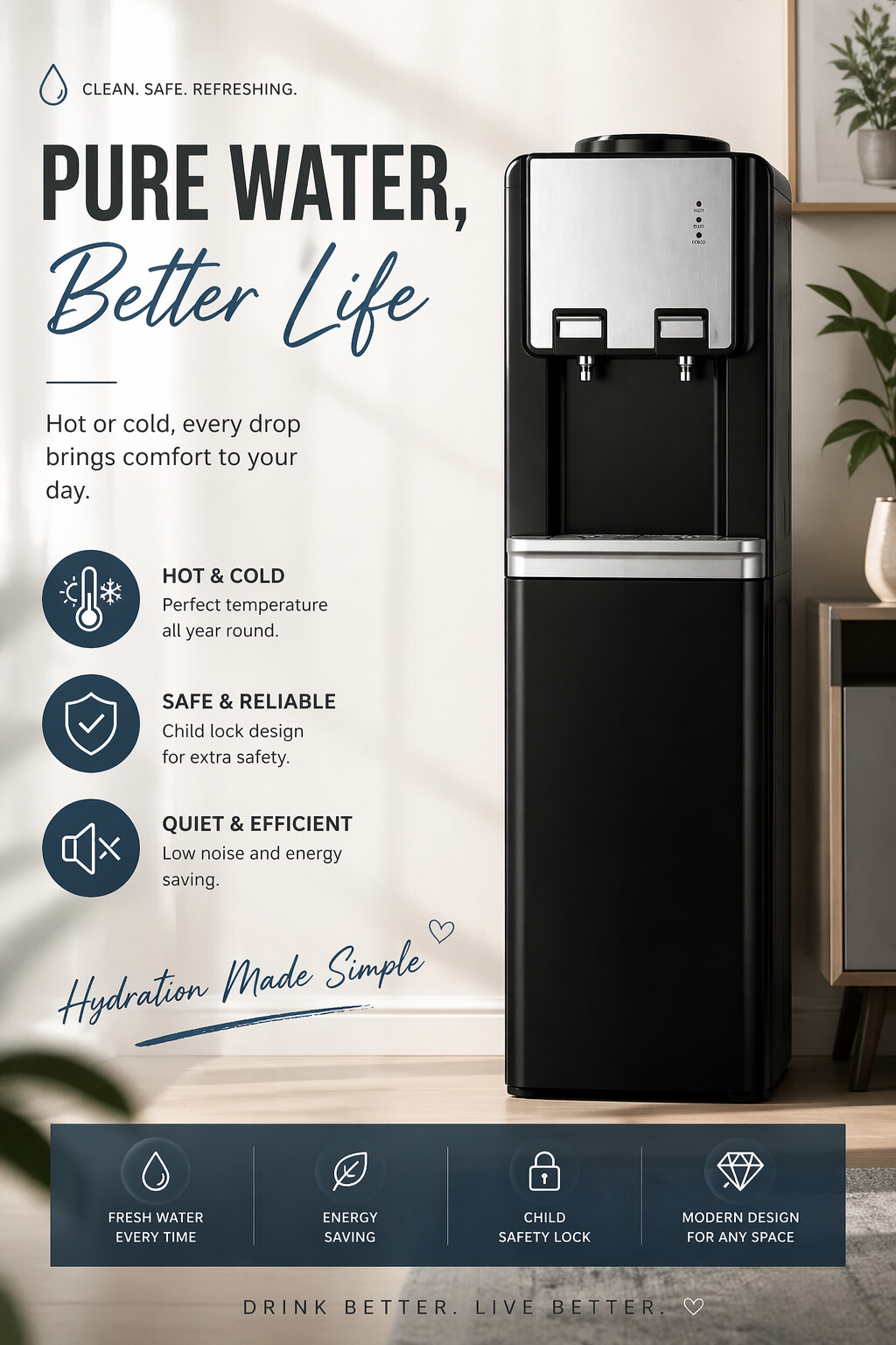 Night Mode Hot and cold compressor cooling water dispenser for Office and Home