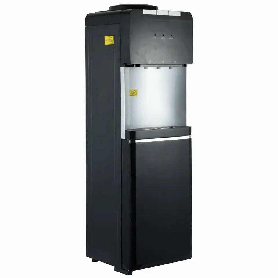 Black Portable 5 gallon bottled electric or R134a compressor cooling hot and cold water dispenser with Storage