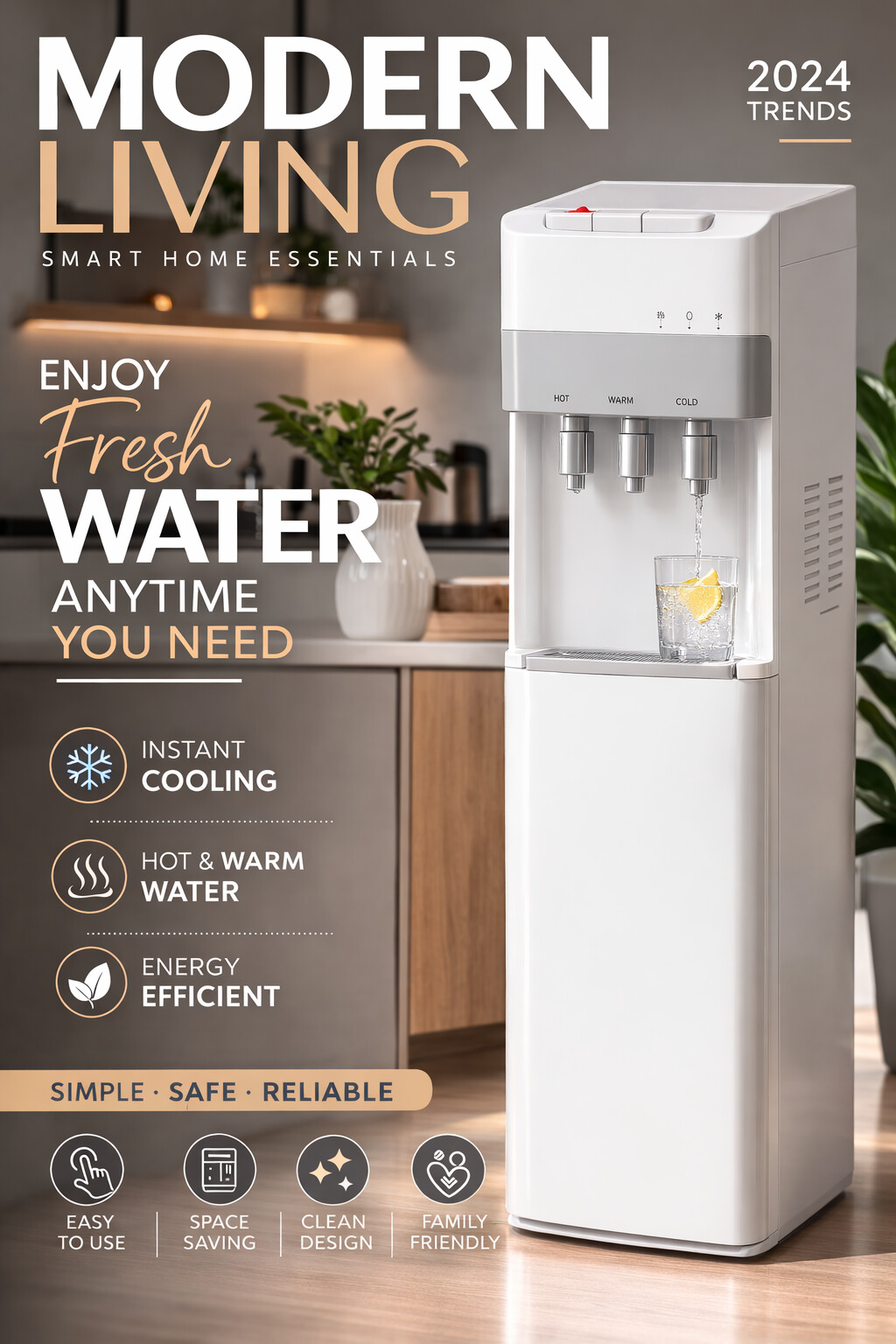 Freestanding 3-Temperature Compressor Cooling Water Dispenser for Home and Office