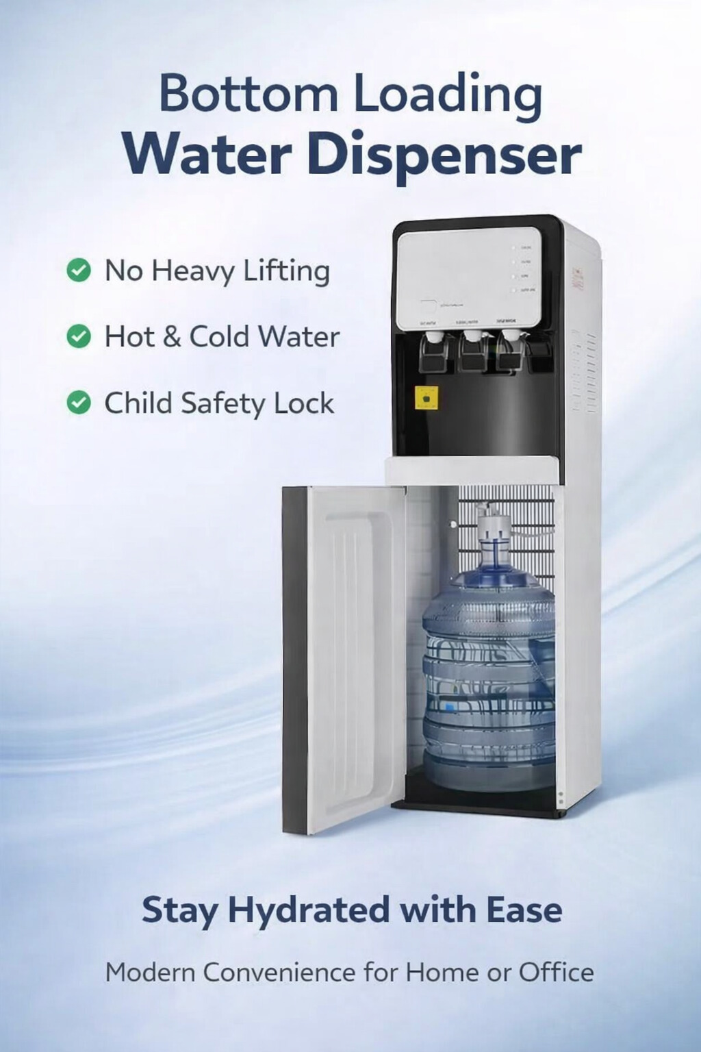 R600a Hot and Cold Compressor Cooling Water Dispenser with Bottom Loading Design