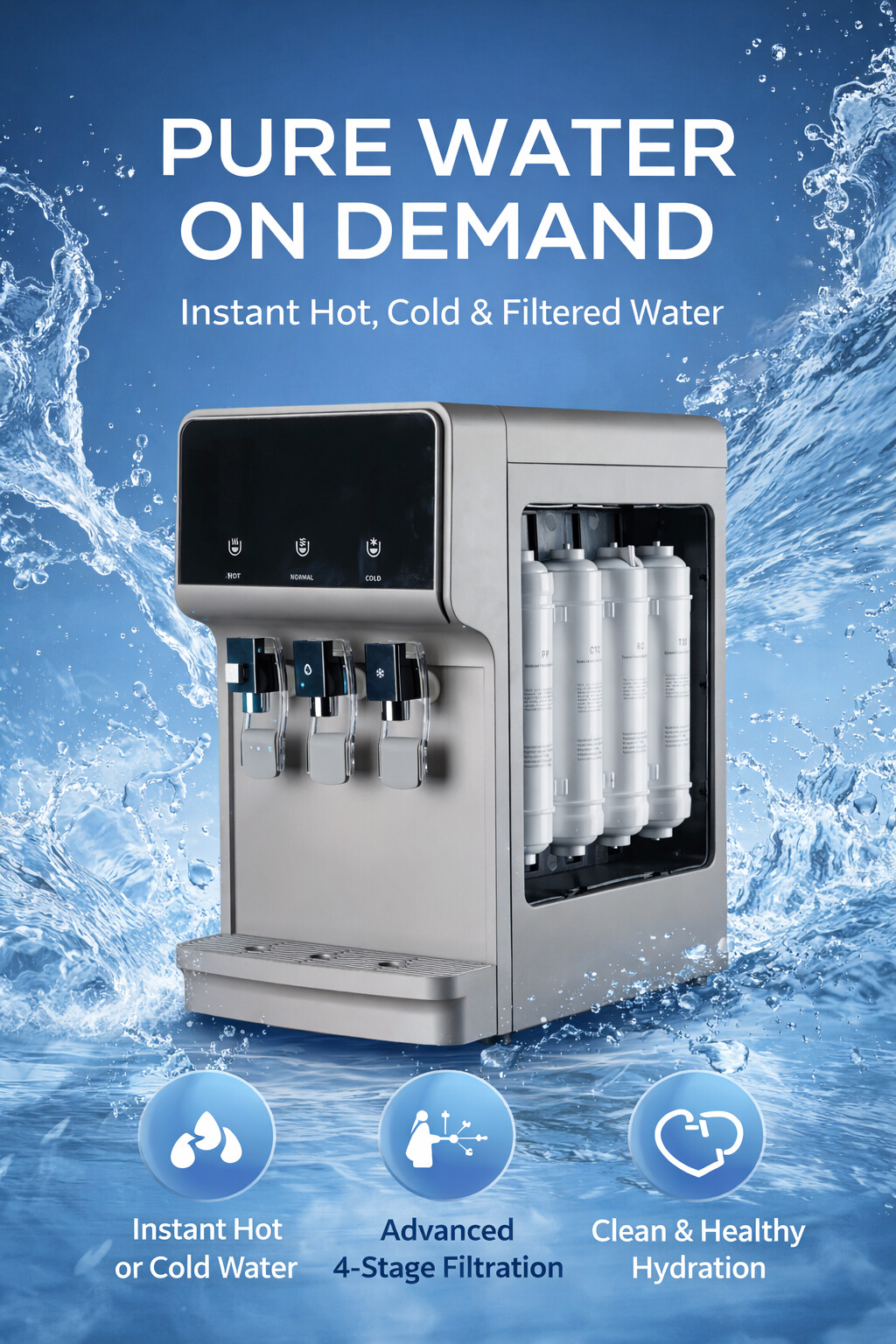 Smart Countertop RO Water Purifier with Hot Normal Cold Compressor Cooling Dispenser