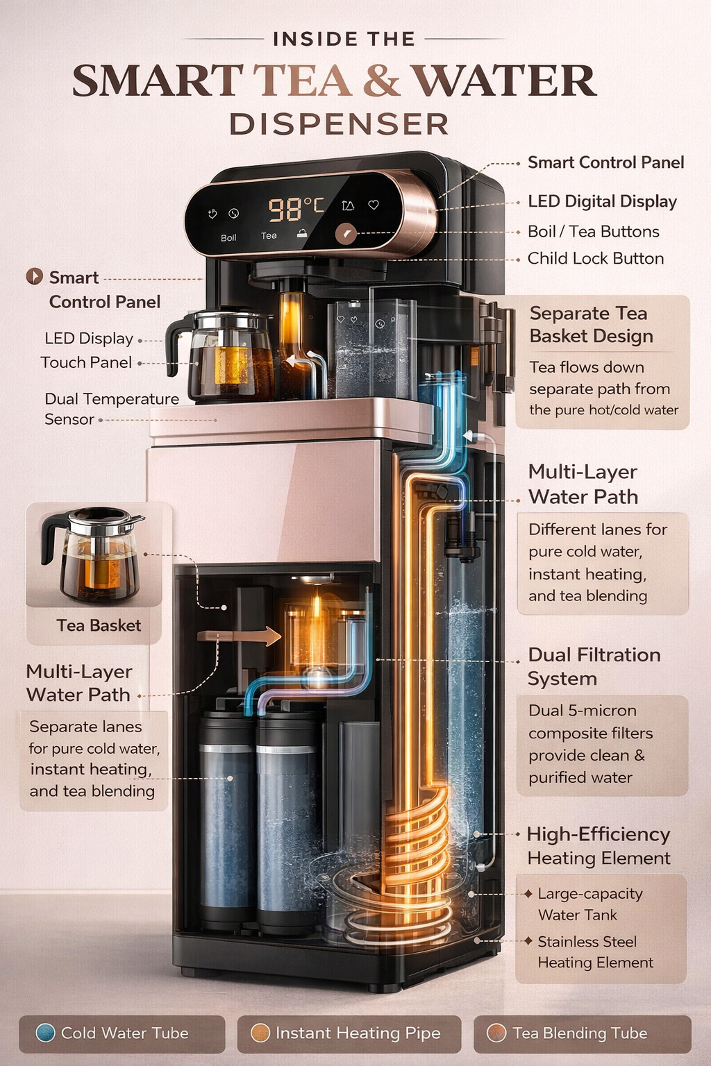 Sleek Design Hot and cold compressor cooling water dispenser with Tea Pot Cabinet
