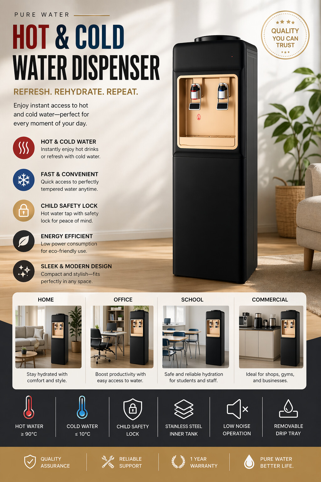 Premium Hot and Cold Water Dispenser with Cabinet