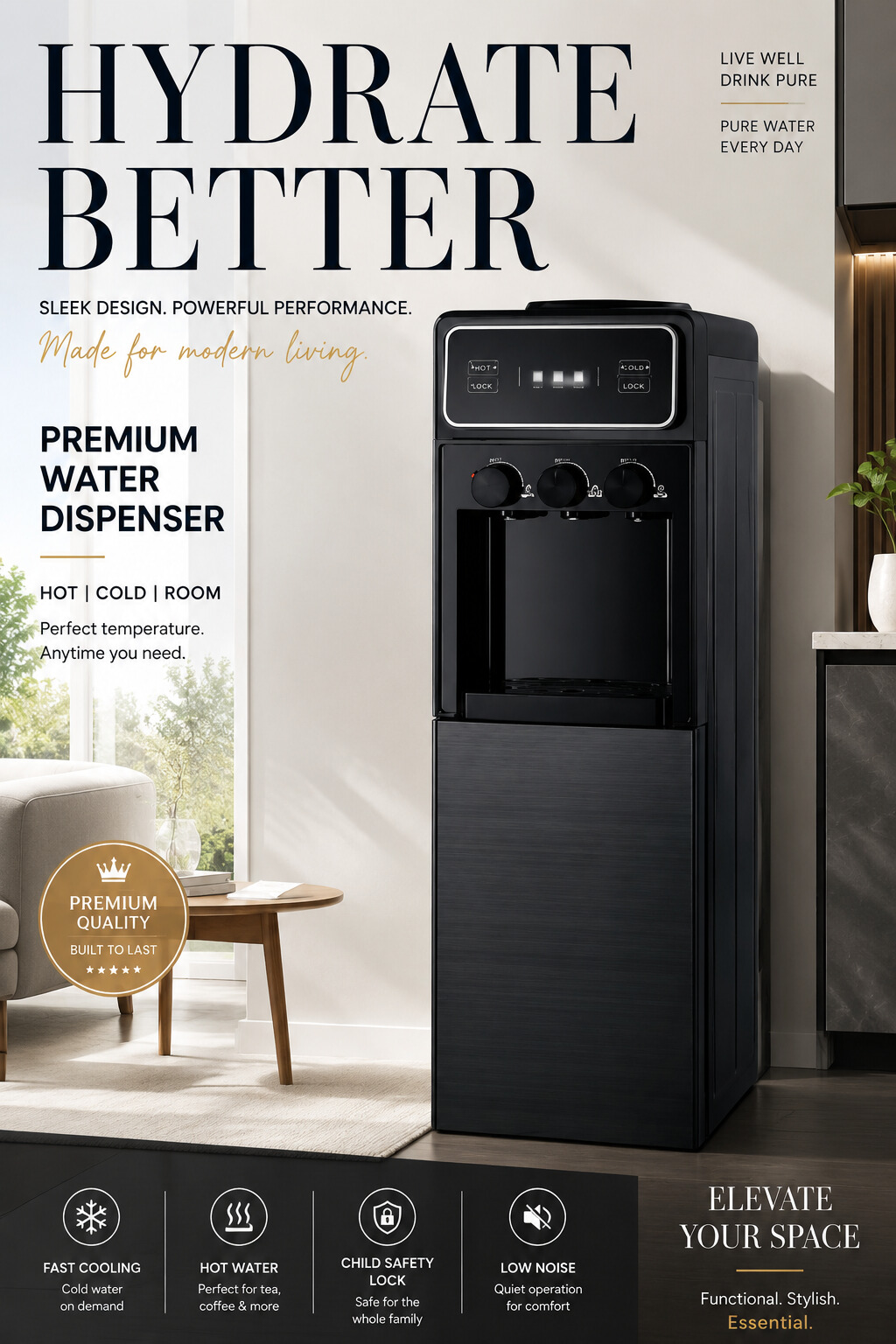 Premium Black Hot and Cold Water Dispenser for Commercial Use