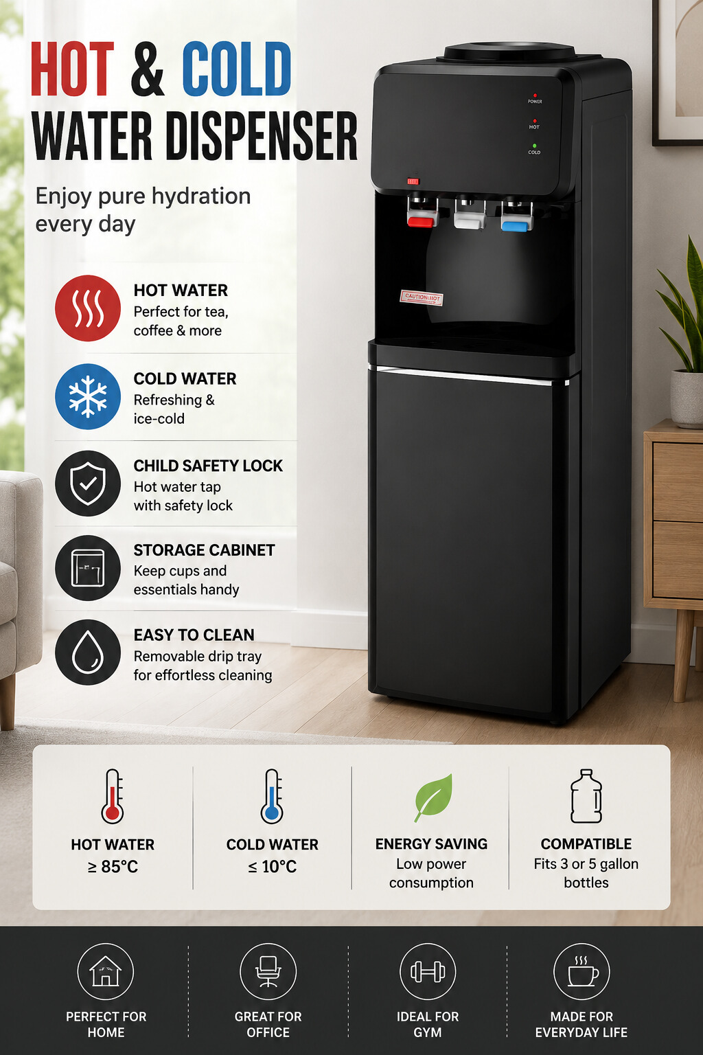 Freestanding Black Office Water Cooler Dispenser with Compressor Cooling