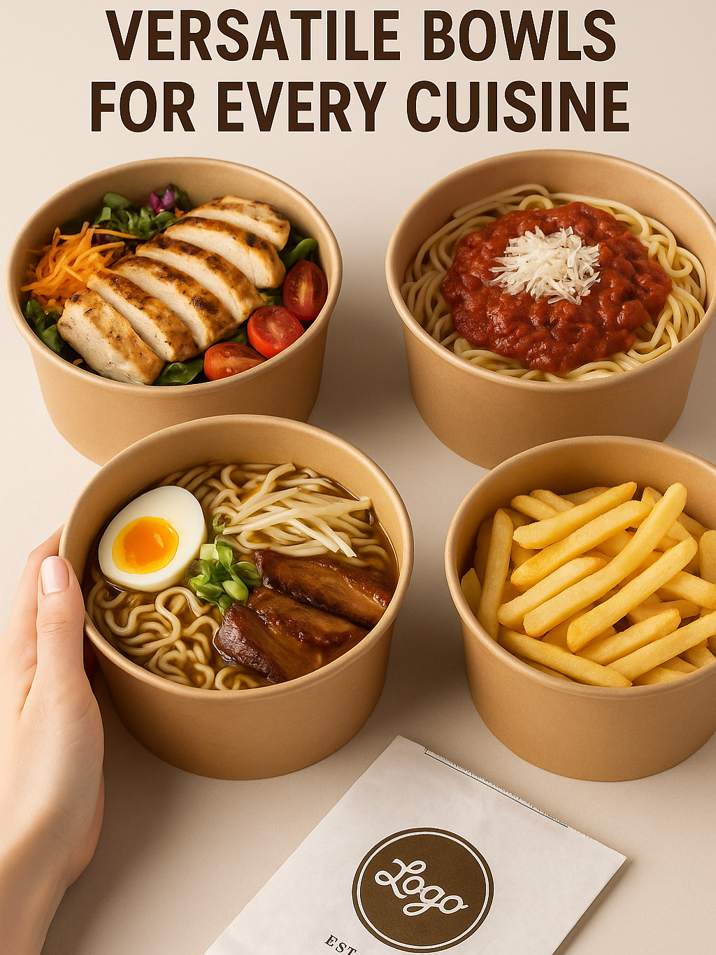 Biodegradable Food Grade Kraft Paper Bowls, Oil & Water Resistant Disposable Fast Food Bowls Custom Logo Printable Multi Sizes