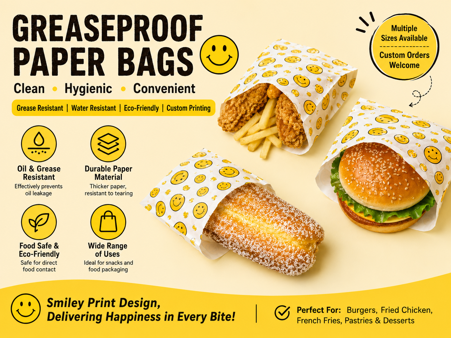 Food Grade Grease Proof Paper Bag Custom Logo Disposable Snack Packaging Bags