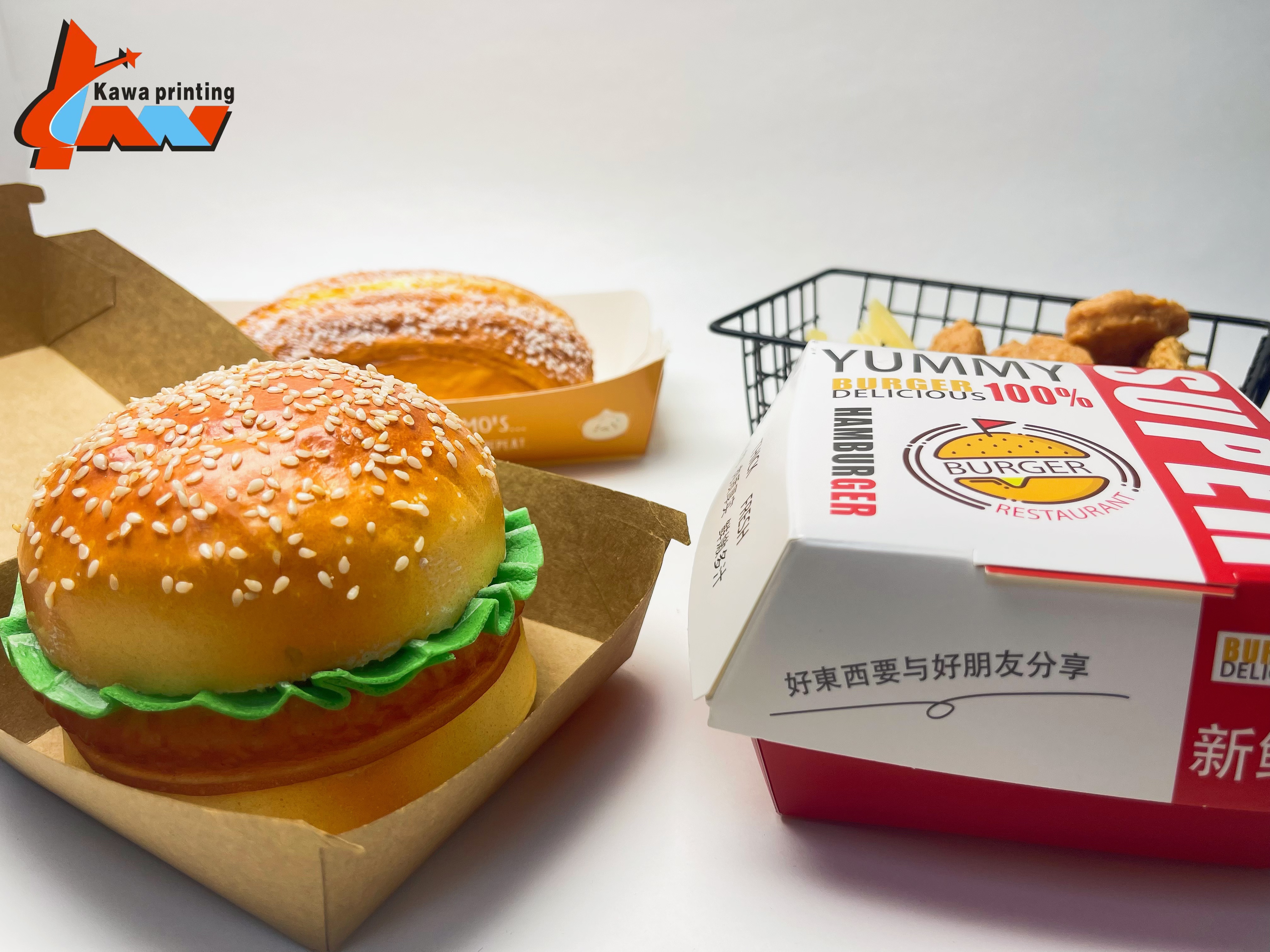 custom printed burger box, logo printed hamburger box, custom size clamshell box, wholesale burger packaging