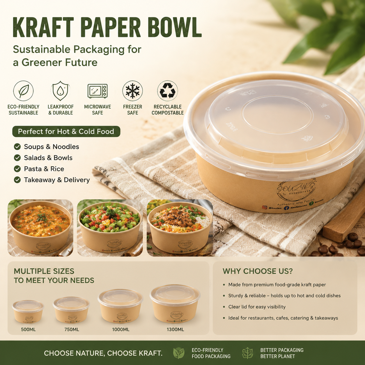 Eco-Friendly Kraft Paper Bowls | Compostable & Biodegradable Food Packaging