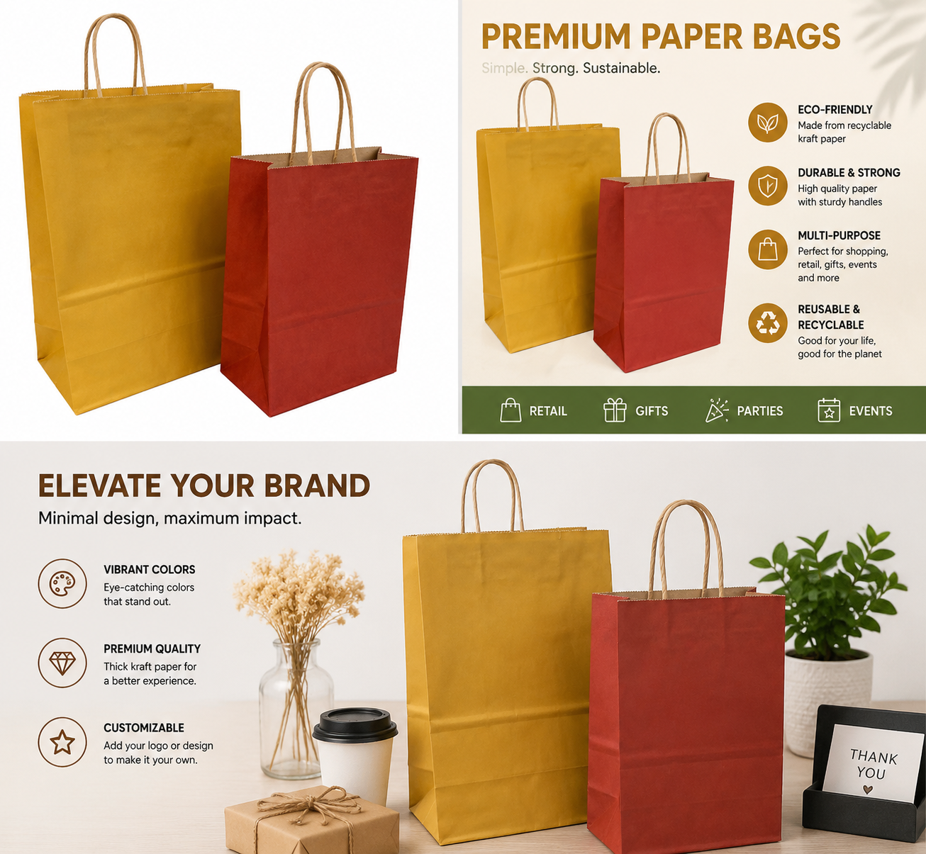Custom Kraft Paper Shopping Bags with Handles | Eco-Friendly Gift Bags | Printed Paper Carrier Bags Wholesale
