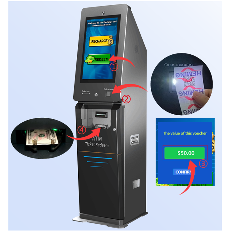 HET ATM 2150 Ticket Redeem Vertical Touch Screen Exchange ATM Kiosk at Factory Price for Self-Banknote Dispensing Payout Machine